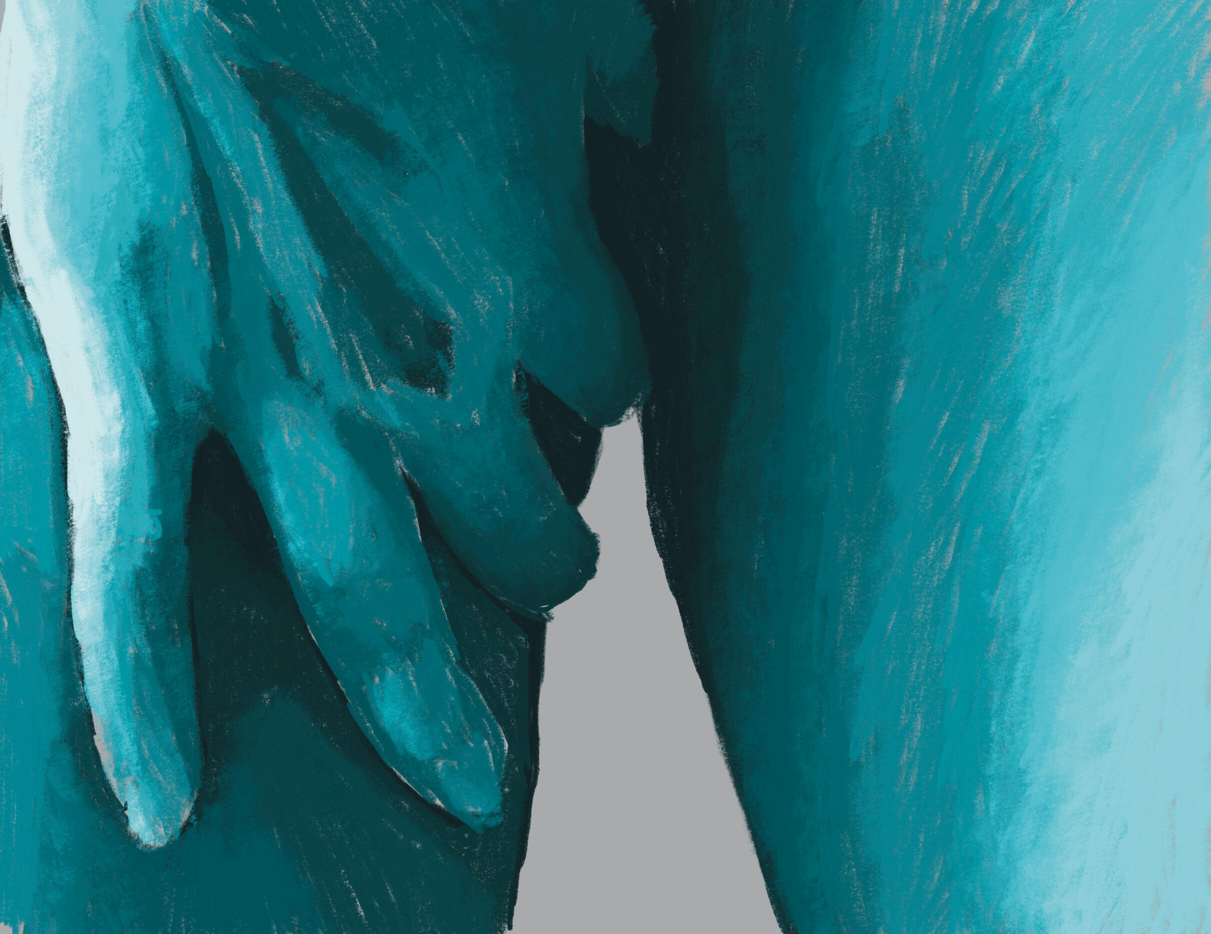 A soft pastel art study of Tongue-Twists's thighs done in blue. They are holding the inside of their leg near their crotch.