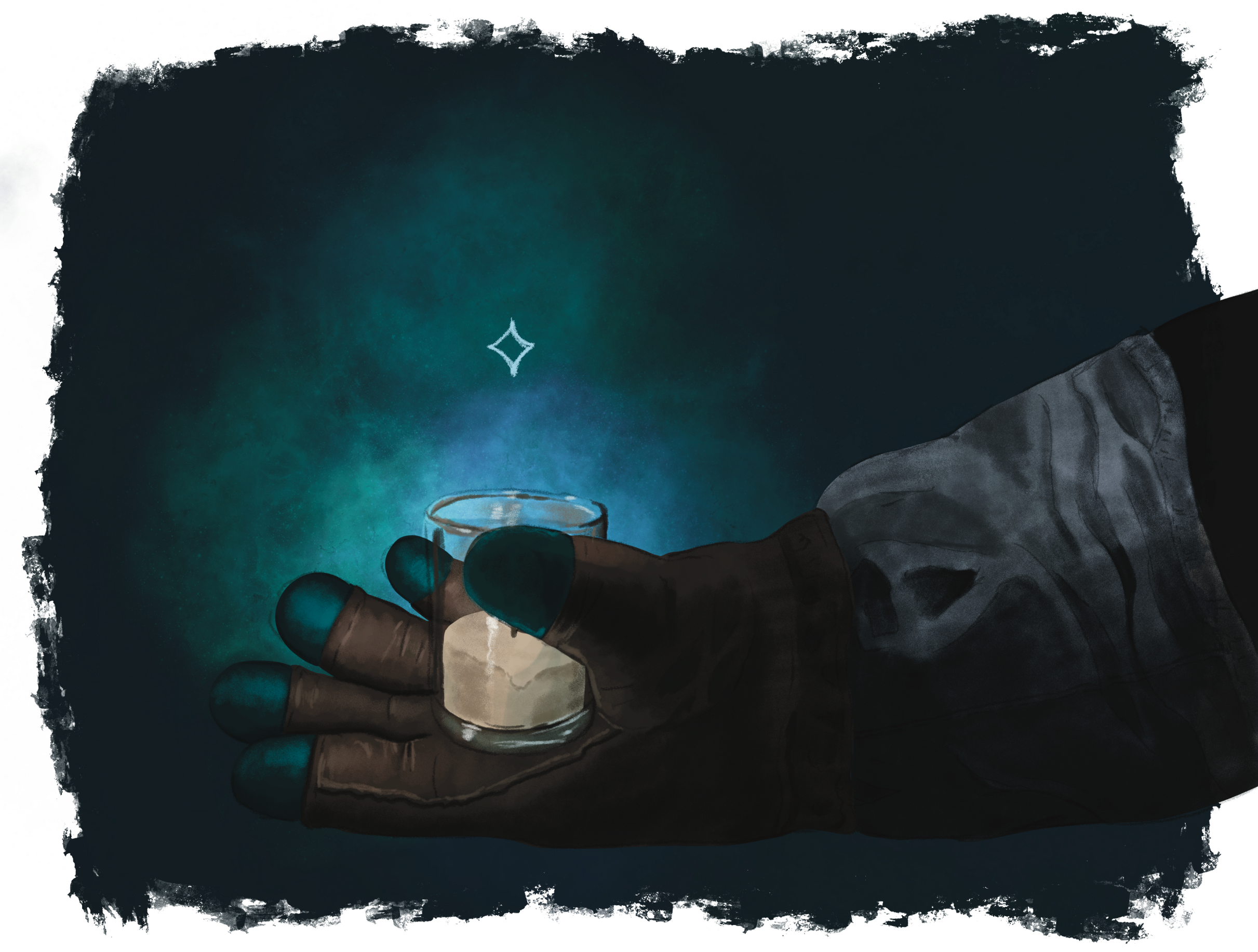 A somber illustration of an astronaut's glove lit up by a candle in its palm against a nebulous dark sky.